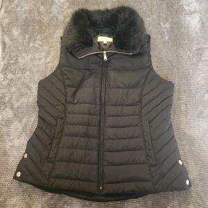 Talbots Petite Puffer Vest, Removable Faux Fur Collar, Size Medium, Black